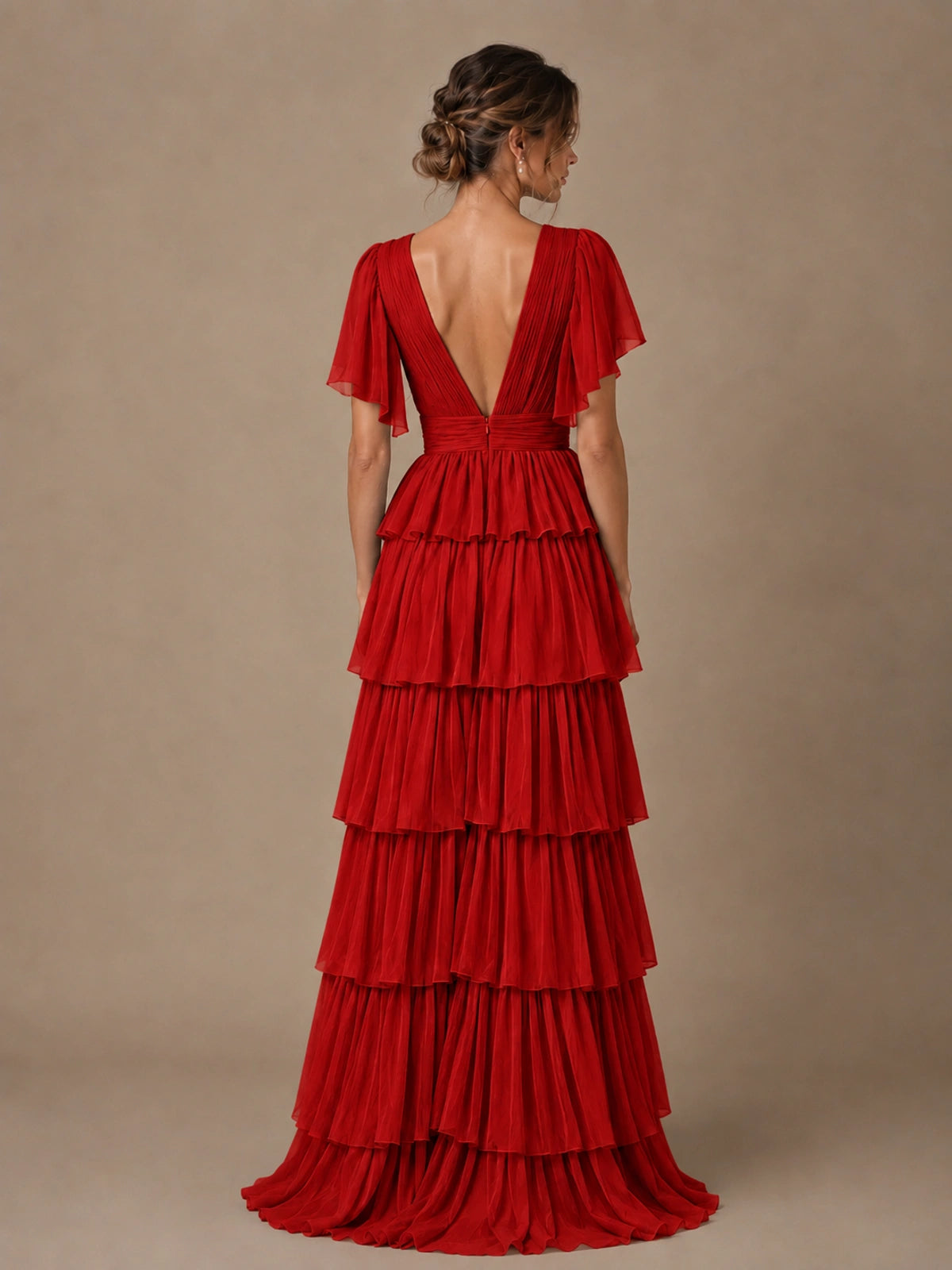 Chiffon V-Neck Tiered Ruffle Bridesmaid Dress with Slit