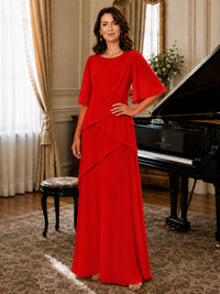 Asymmetric Draped Chiffon Mother of the Bride Dress with Flutter Sleeves