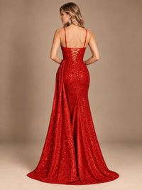 Burgundy Sequin Corset Prom Dress with High Slit