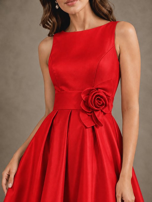 Tea-Length Satin Mother of the Bride Dress with 3D Flower Detail