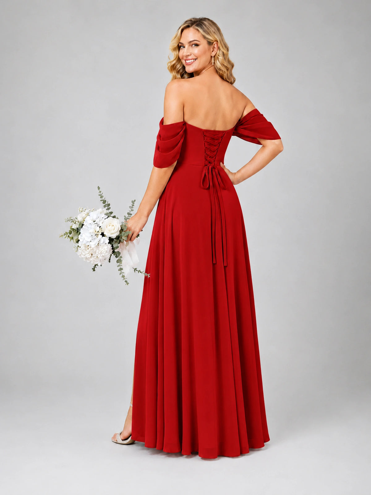 Off Shoulder Chiffon Bridesmaid Dress with Slit