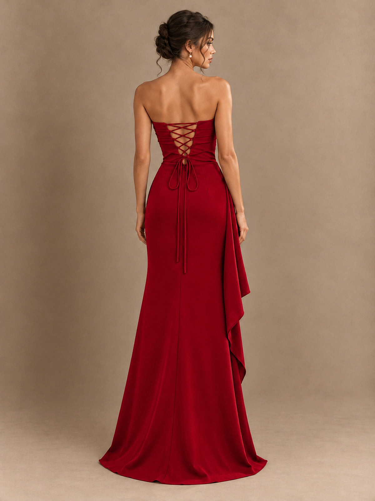 Black and White Strapless Ruched Prom Dress with High Slit & Side Drape