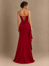 Black and White Strapless Ruched Prom Dress with High Slit & Side Drape