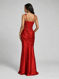 Scoop Neck Sequin Prom Dress with High Slit Satin Formal Gowns