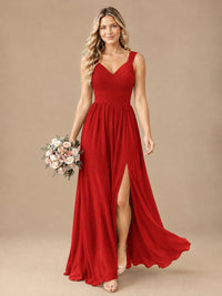 Pleated Chiffon V Neck Wedding Bridesmaid Dresses Floor Length with Slit