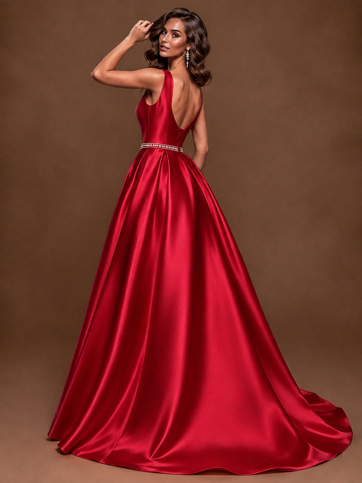 Satin A-Line Prom Dress Sleeveless Beaded Waist Formal Gown with Pockets