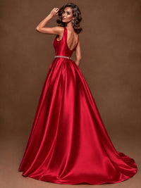 Satin A-Line Prom Dress Sleeveless Beaded Waist Formal Gown with Pockets