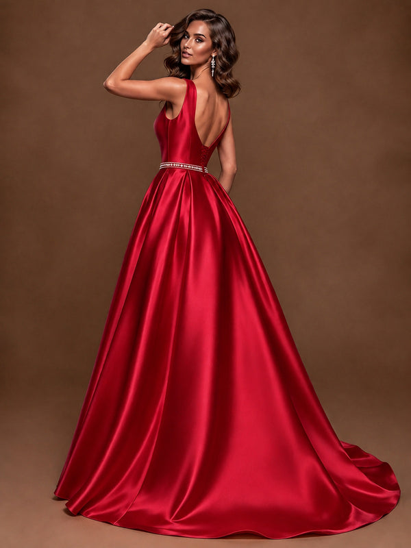 Satin A-Line Prom Dress Sleeveless Beaded Waist Formal Gown with Pockets