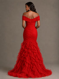 Pink Off-the-Shoulder Mermaid Prom Dress with Ruffles 3D Flowers