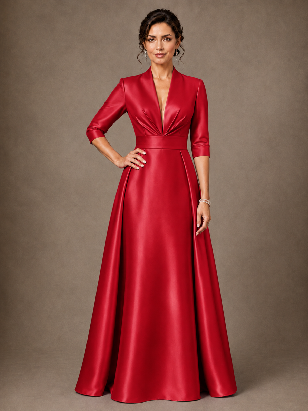 V-Neck Pleated Satin Mother of the Bride Gown with 3/4 Sleeves