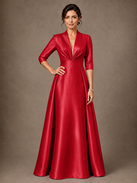 V-Neck Pleated Satin Mother of the Bride Gown with 3/4 Sleeves