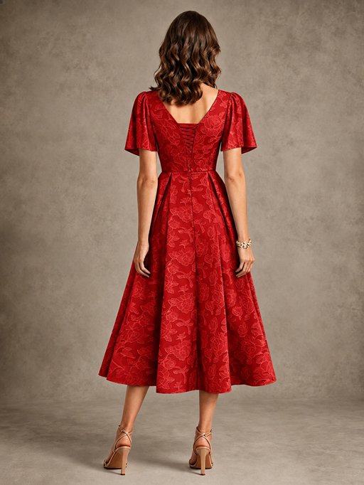 V-Neck Floral Jacquard Tea-Length Mother of the Bride Dress