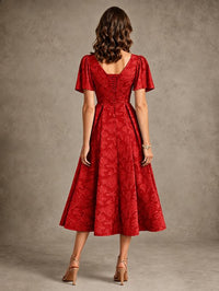 V-Neck Floral Jacquard Tea-Length Mother of the Bride Dress