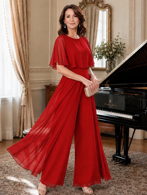 Chiffon Mother of the Bride Jumpsuit with Layered Cape Sleeves