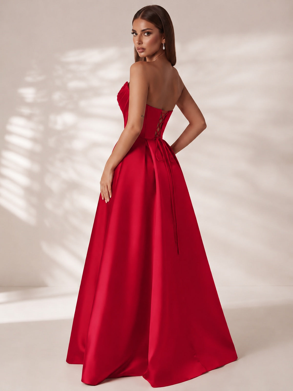 Strapless Corset Satin Prom Dress Long Evening Gown with High Slit