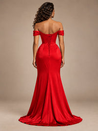 Burgundy Off-the-Shoulder Satin Corset Prom Dress with Slit