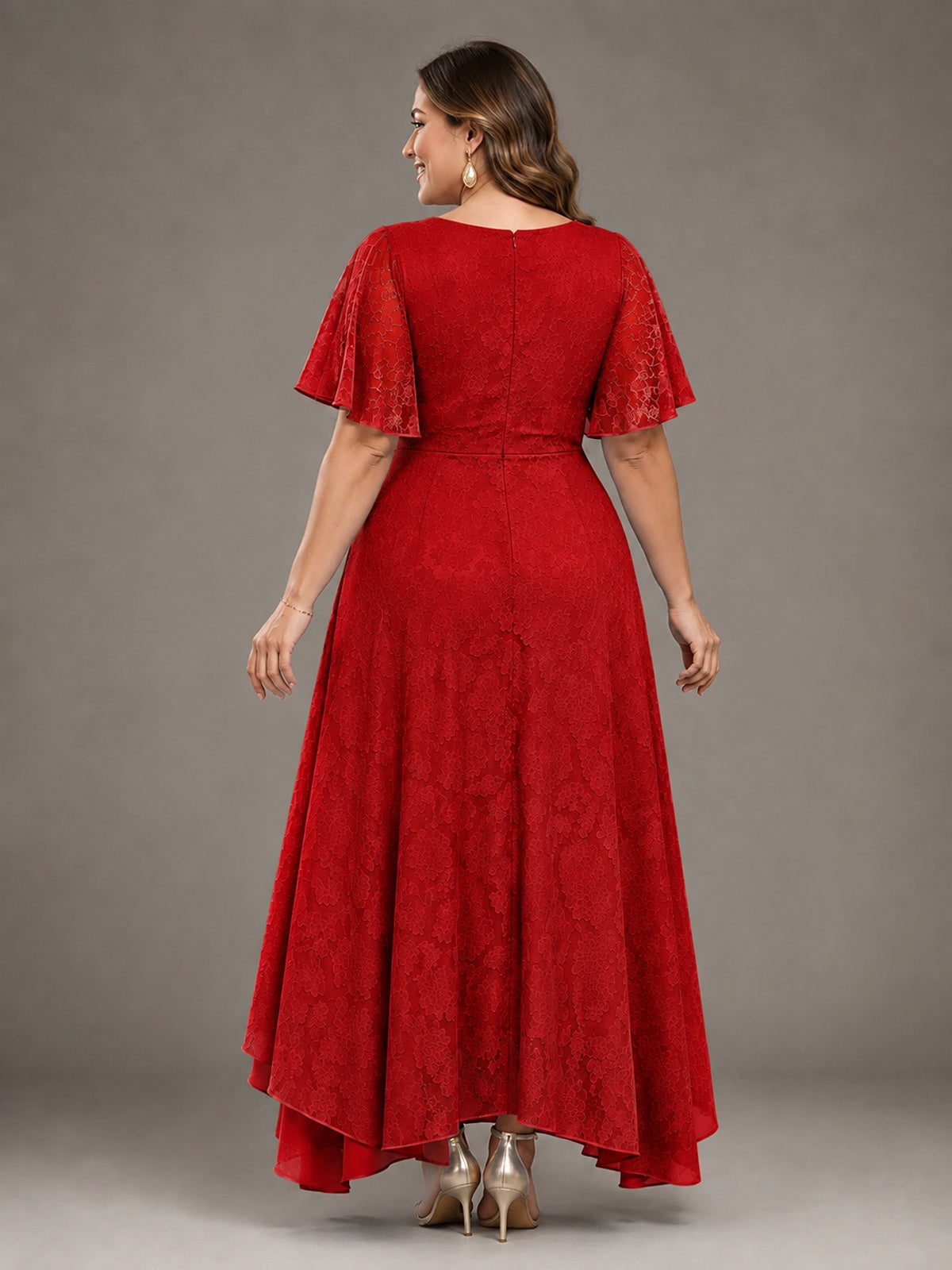 Jacquard Chiffon A-Line V-Neck High-Low Mother of the Bride Dress