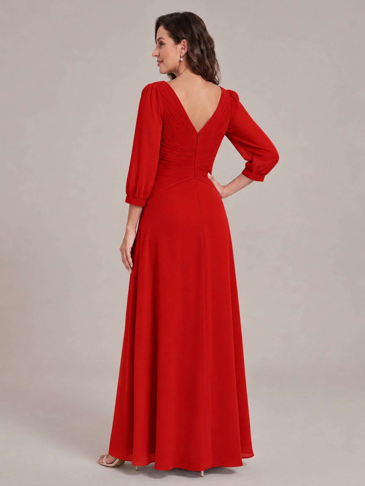V-Neck Pleated Chiffon Mother of the Bride Dress with Flutter Sleeves