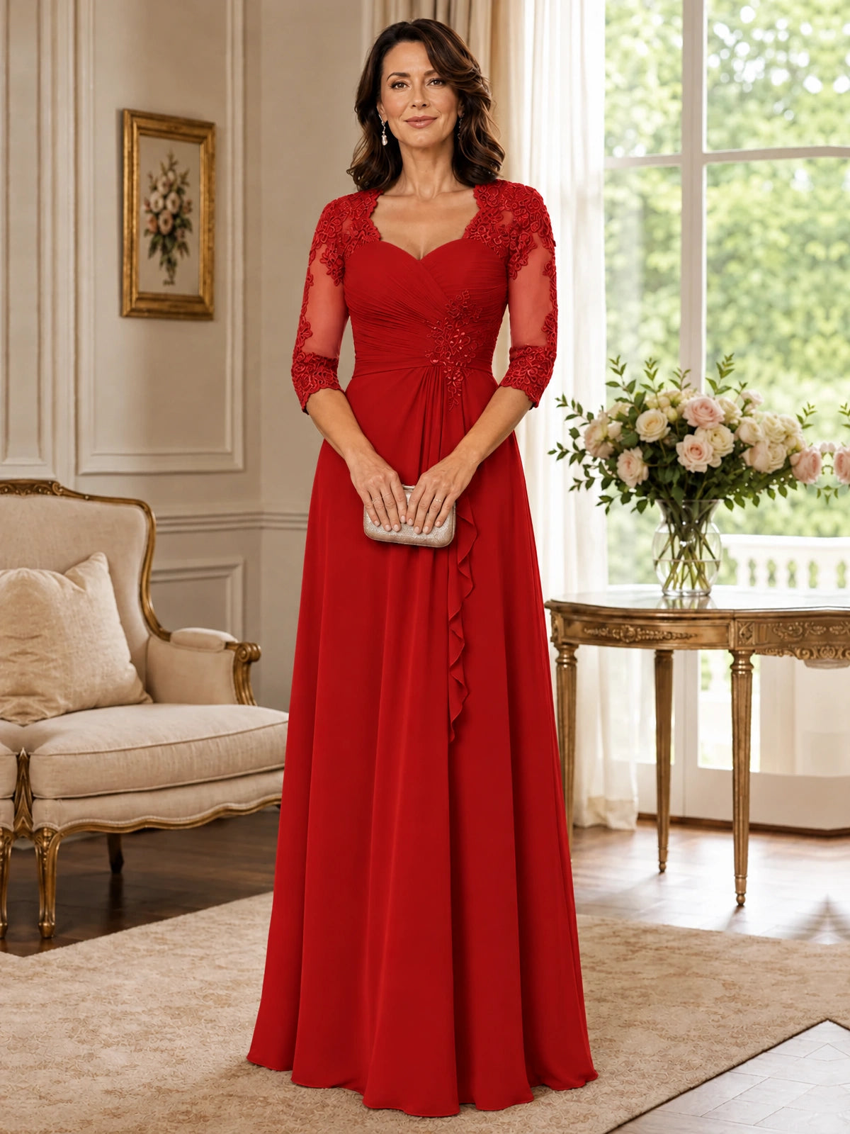 Chiffon Lace Applique Mother of the Bride Dress with 3/4 Sleeves