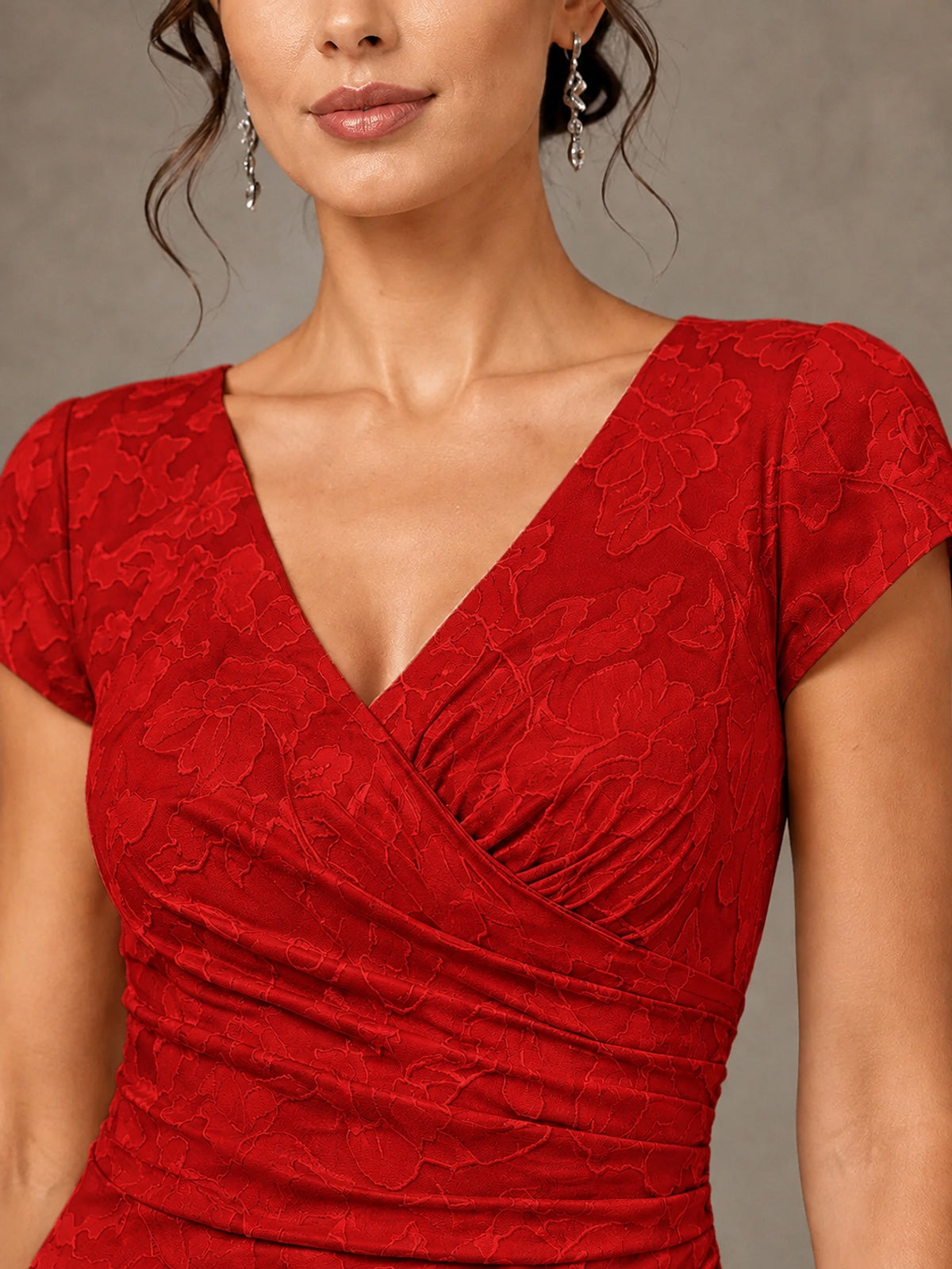 V-Neck Floral Jacquard Mother of the Bride Dress with Slit