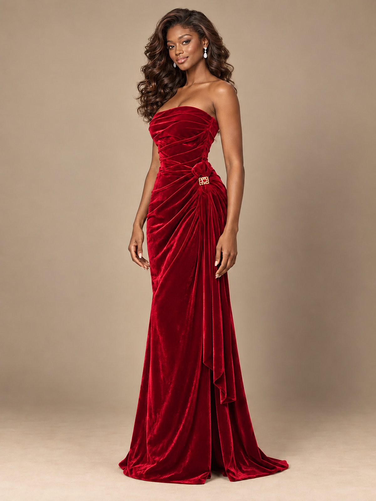 Burgundy Velvet Strapless Ruched Prom Dress with Jeweled Side Drape