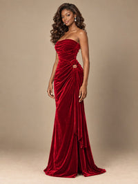 Burgundy Velvet Strapless Ruched Prom Dress with Jeweled Side Drape