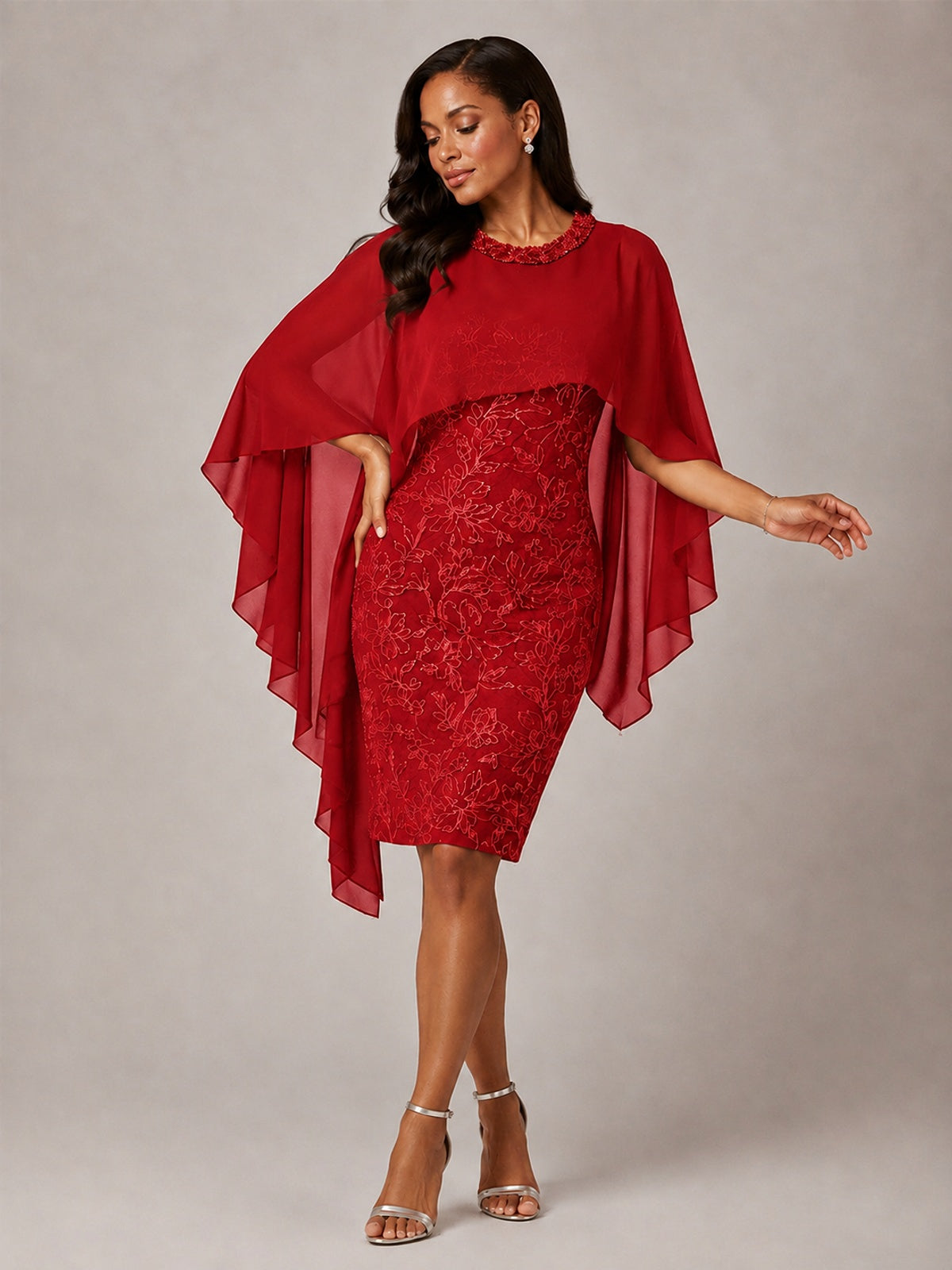 Floral Sheath Mother of the Bride Dress with Cape Overlay