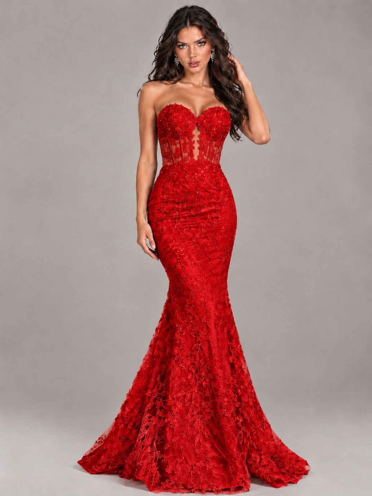 Strapless Corset Mermaid Prom Dress Lace Appliqué Formal Gown