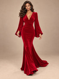 Burgundy Velvet Deep V-Neck Ruched Long Sleeve Maxi Dress