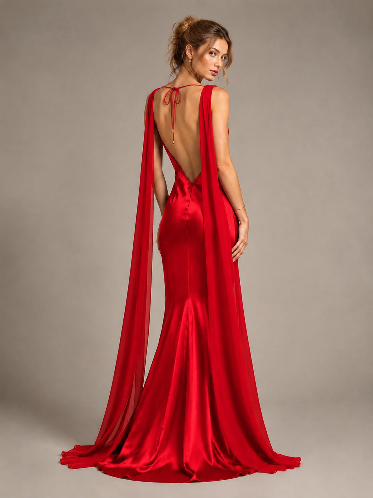 Burgundy Satin Mermaid Cape Maxi Dress
