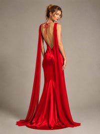 Burgundy Satin Mermaid Cape Maxi Dress