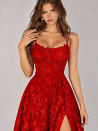 Floral Lace A-Line Prom Dress with Spaghetti Straps & High Slit