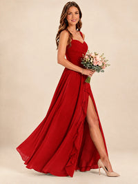 Spaghetti Straps Pleated Chiffon Bridesmaid Dress with Ruffle Slit