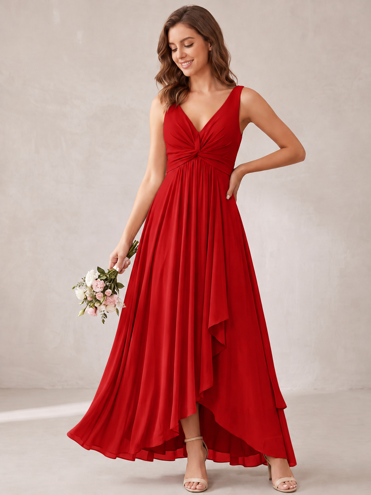 V-Neck High-Low Chiffon Bridesmaid Dress with Ruffles