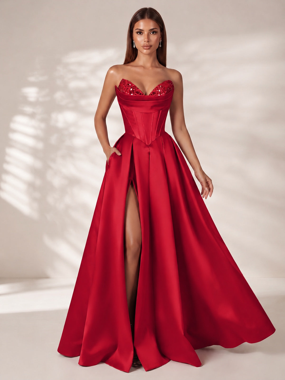 Strapless Corset Satin Prom Dress Long Evening Gown with High Slit