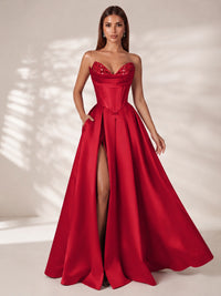 Strapless Corset Satin Prom Dress Long Evening Gown with High Slit