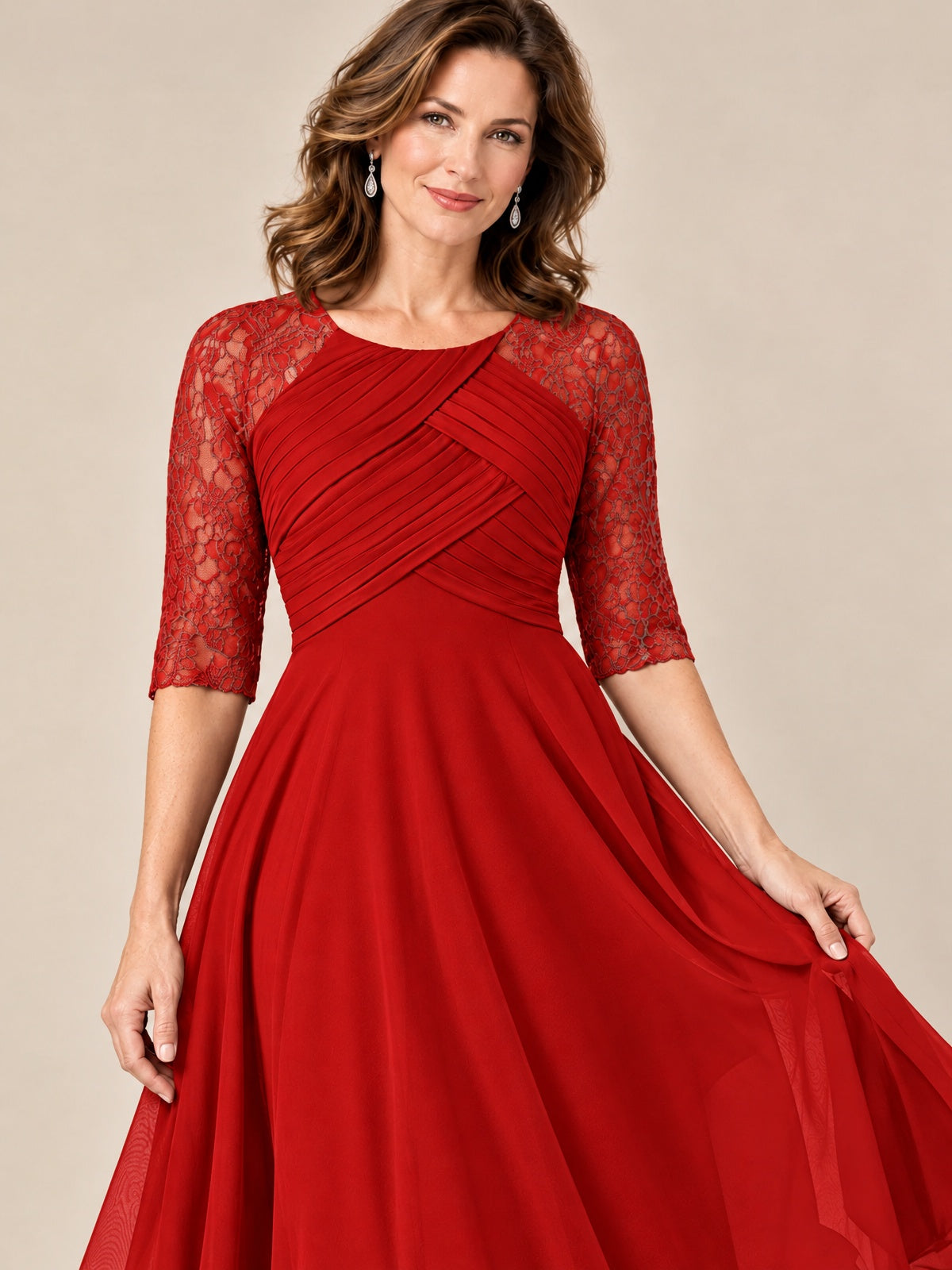 Tea-Length Mother of the Bride Dress with Lace 3/4 Sleeves