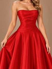 Blush Pink Strapless Satin A-Line Prom Dress with Ruched Bodice