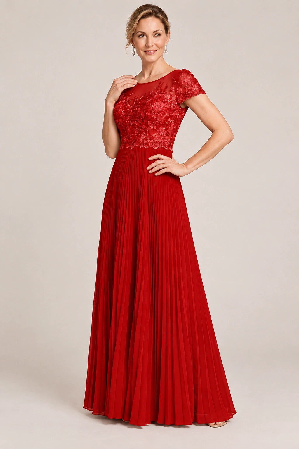 Embroidered Lace Pleated Mother of the Bride Dress