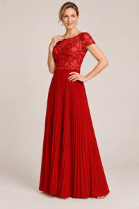 Embroidered Lace Pleated Mother of the Bride Dress