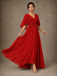 V-Neck Chiffon Lace Mother of the Bride Dress with Flutter Sleeves