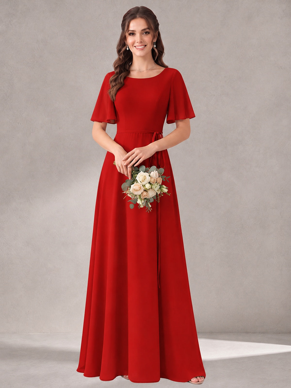 Scoop Neck A-line Chiffon Bridesmaid Dress with Flutter Sleeve & Belt