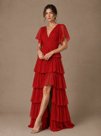 Chiffon V-Neck Tiered Ruffle Bridesmaid Dress with Slit
