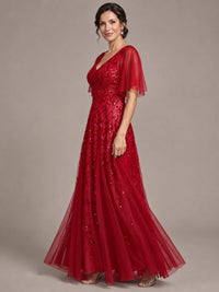 V-Neck Sequin Tulle Mother of the Bride Dress with Flutter Sleeve