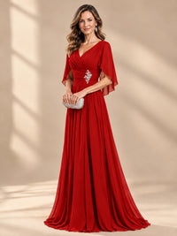 Ruched V Neck Mother of The Bride Dresses with Shawls Appliques and Cap Sleeves