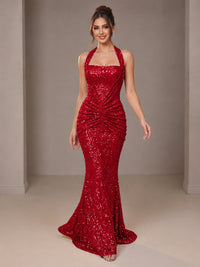 Gold Halter Sequin Mermaid Ruched Prom Dress Long Ruched Evening Gown