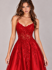 Lace Applique Satin A-Line Prom Dress with Sheer Bodice