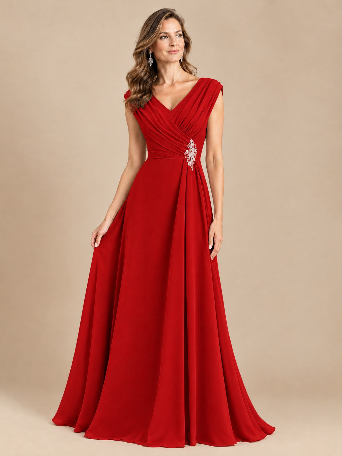 V Neck Pleated Mother of The Bride Dresses with Beading Cap Sleeves