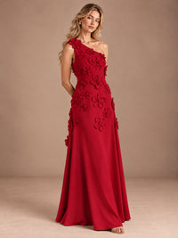 Sage Green One Shoulder Satin Formal Maxi Dress with 3D Floral