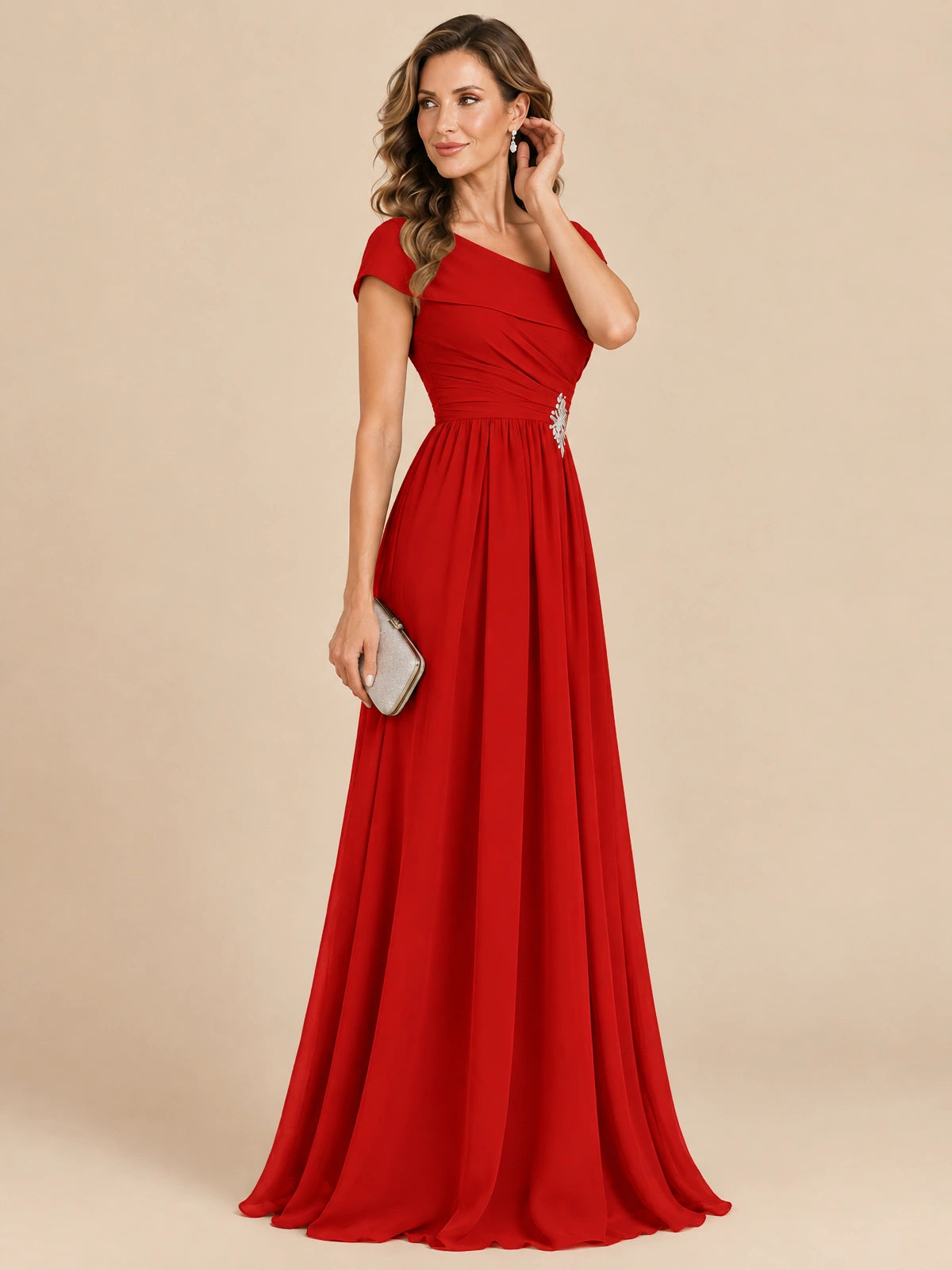 Cap Sleeve Mother of The Bride Dresses Long Chiffon Formal Gowns